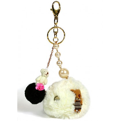 Key Chain - 12 PCS Pack - Teddy Bears w/ Faux Pearls - Ivory - KC-GEB03IV